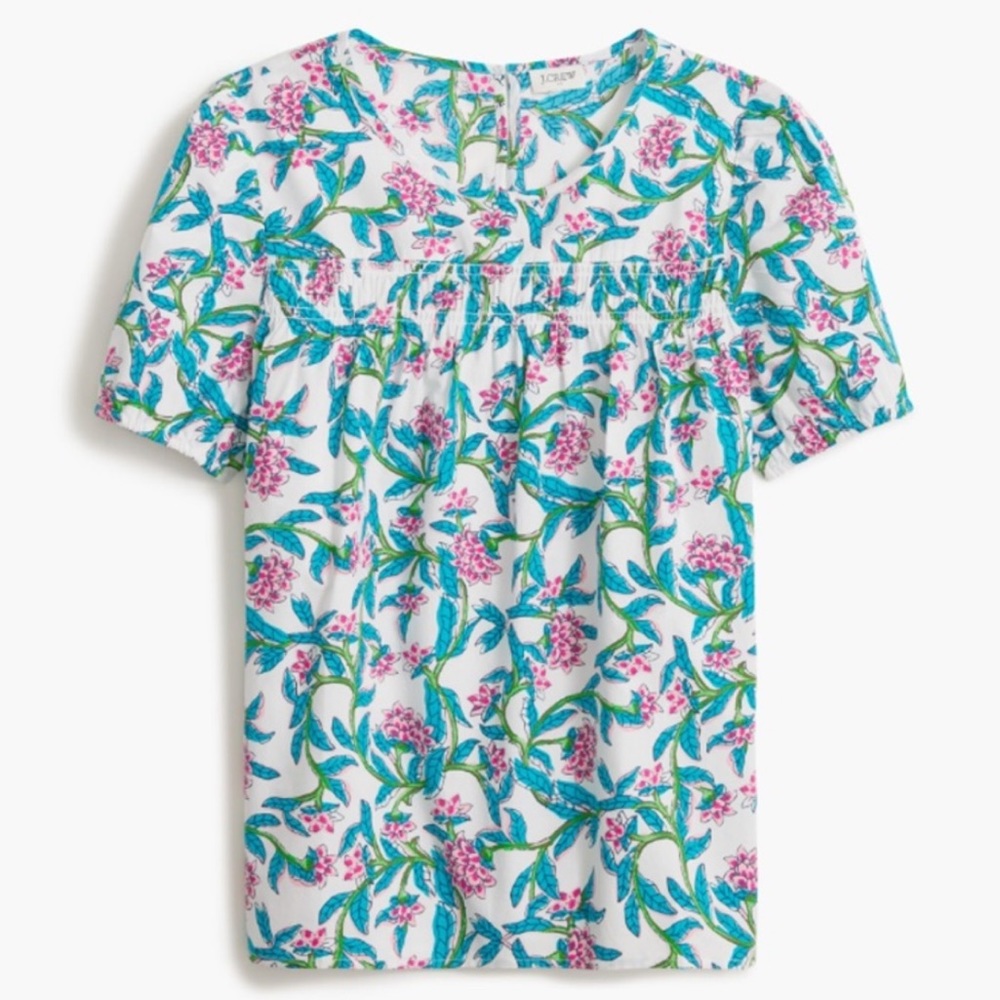 J Crew Floral Leaf Print Puff Sleeve Top Short Sleeve Round Neck White New XS